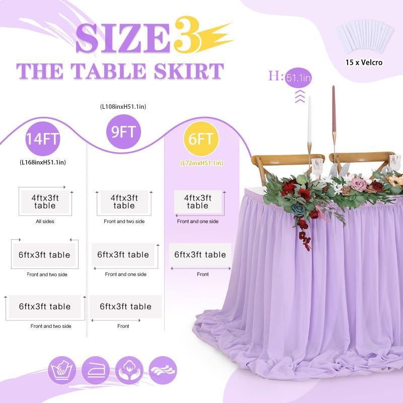 QueenDream Lavender Chiffon Table Skirt 6ft for Rectangle Tables Purple Mermaid Table Skirting for Wedding Birthday Butterfly Party Baby Shower - Image 3